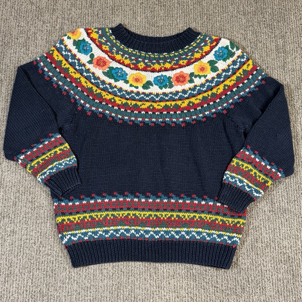 VTG Best American Womens S Knit Sweater 3/4 Sleeve Fair Aisle Floral Cottagecore